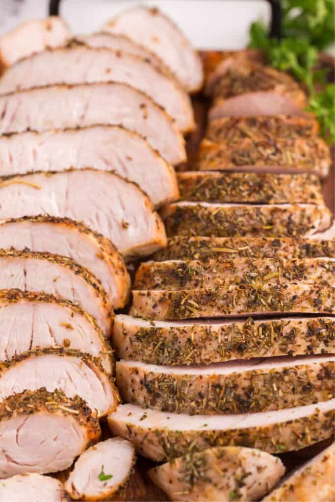 Close up of air fry turkey tenderloin sliced.