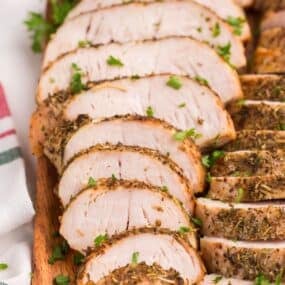 Close up of air fryer turkey sliced to see the inside meat.