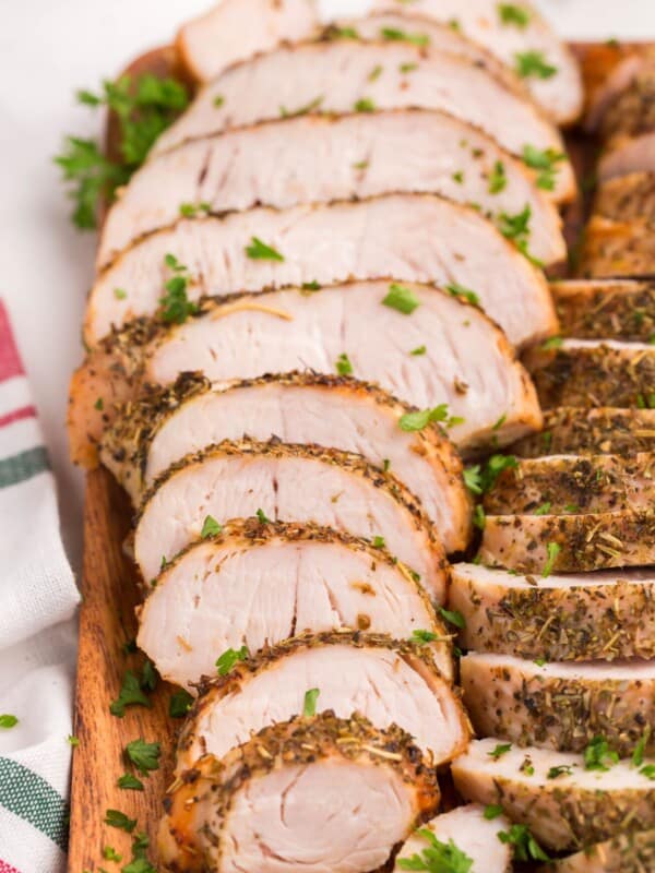 Close up of air fryer turkey sliced to see the inside meat.