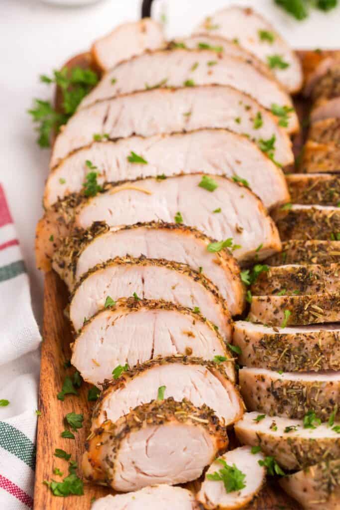 Close up of air fryer turkey sliced to see the inside meat.
