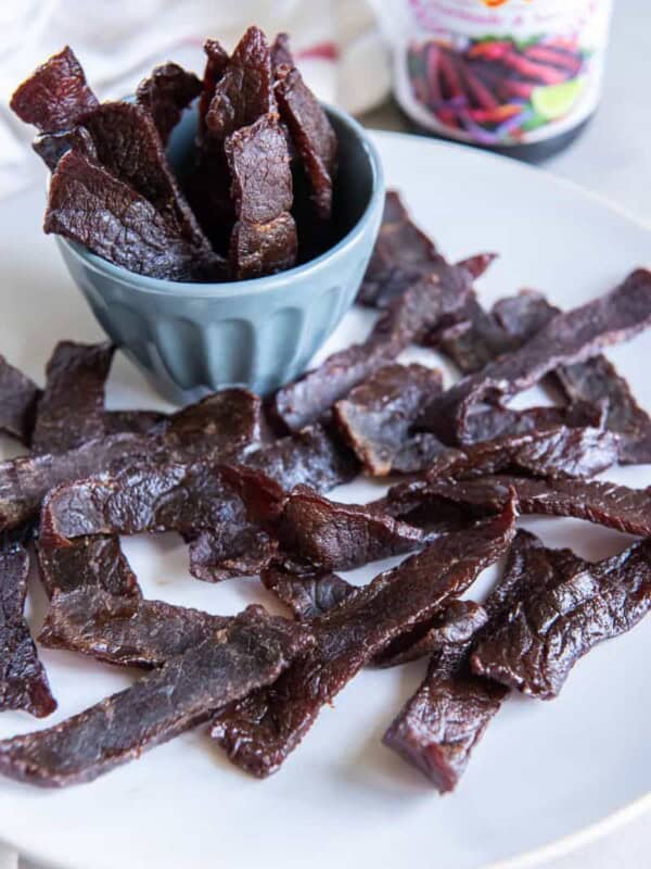 A plate holding beef jerky pieces and a small blue bowl holding additional pieces.