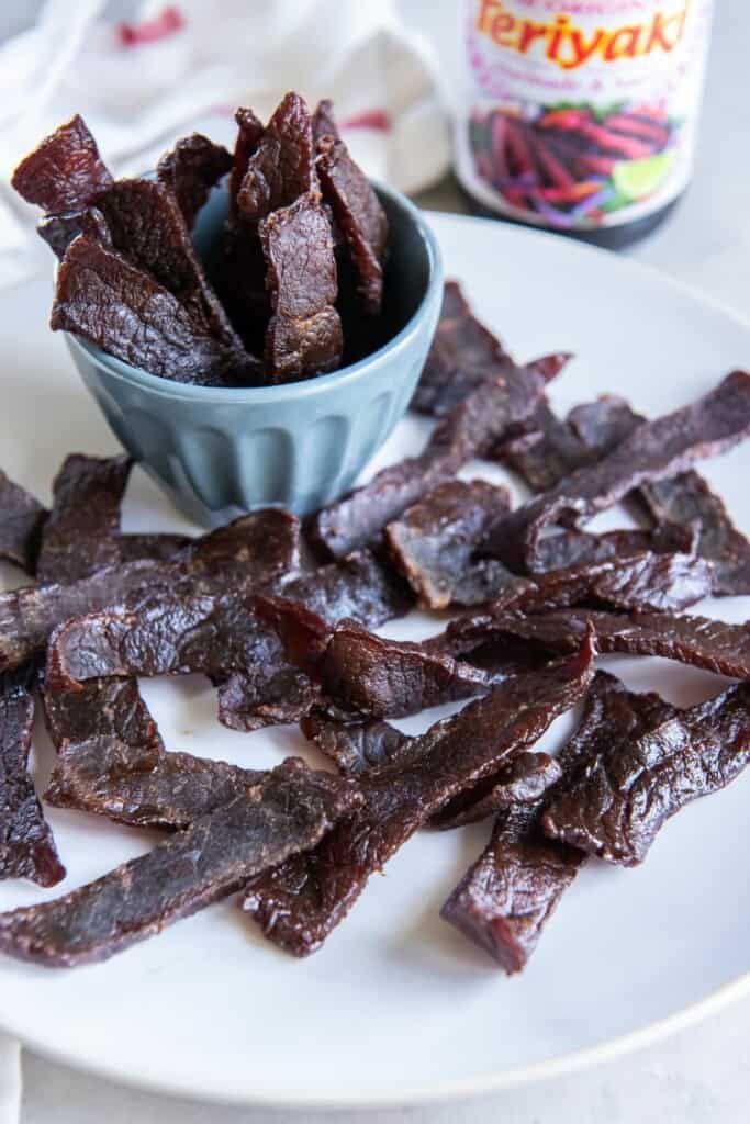 A plate holding beef jerky pieces and a small blue bowl holding additional pieces.