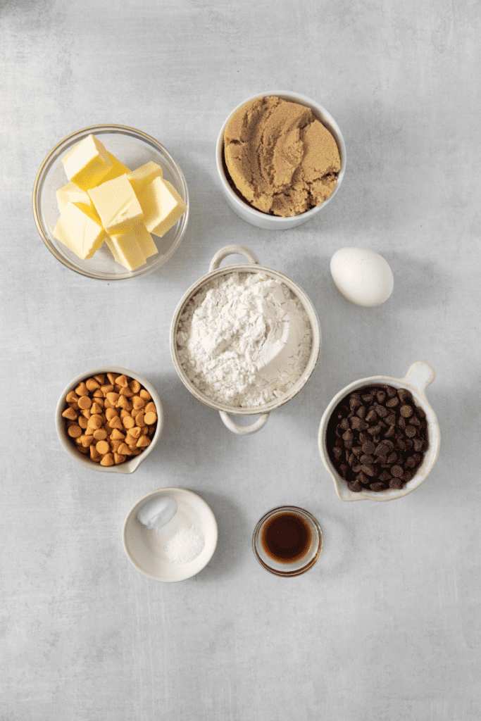 Ingredients needed to prepare chocolate chip butterscotch cookies.