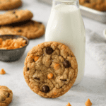 A chocolate chip butterscotch cookie propped against a small milk jug with additional cookies in the background.