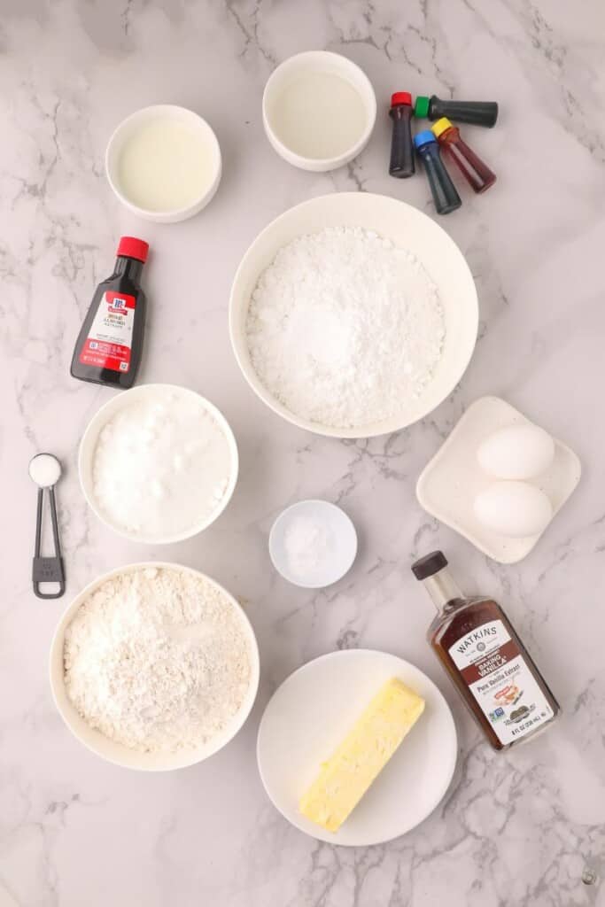 Ingredients needed to prepare soft sugar cookies to cut out.