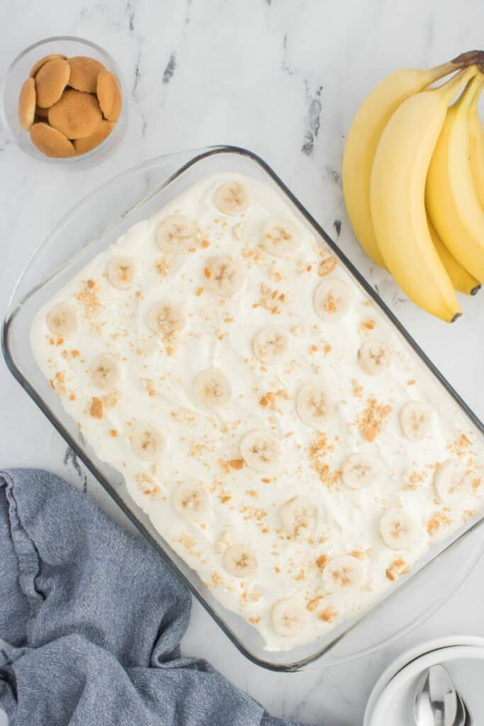 overview of banana pudding with condensed milk.
