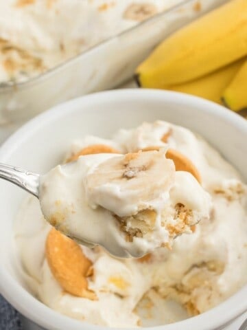 taking a bite out of no bake banana pudding.