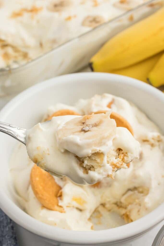 taking a bite out of no bake banana pudding.