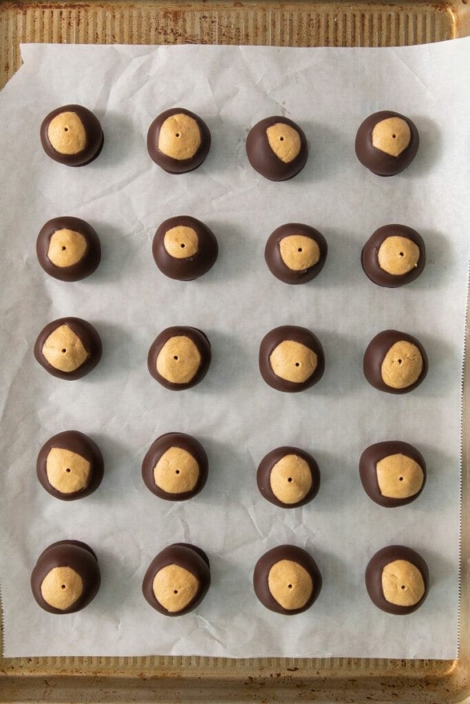 Peanut butter balls dipped into melted chocolate. 