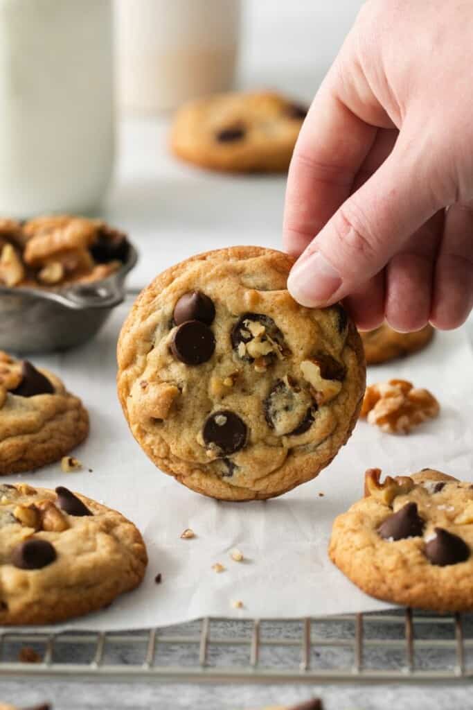 A hand holding a single baked walnut chocolate chip cookie in front of other cookies and milk.