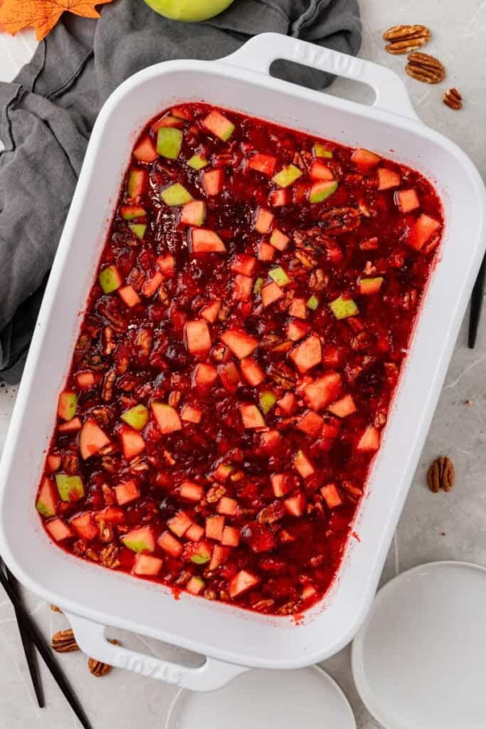 Prepared jello salad in a baking dish after being refrigerated.