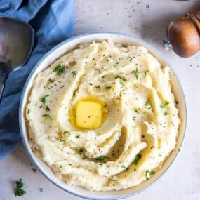 Overhead shot of mashed potatoes without milk.