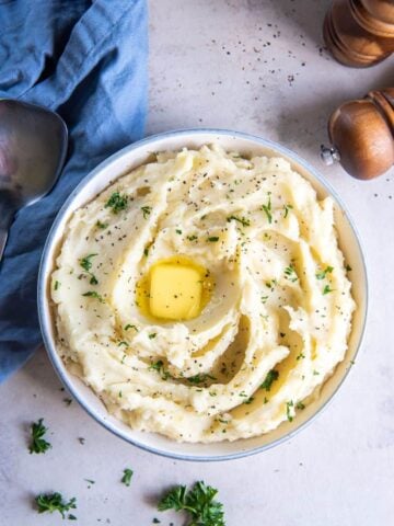 Overhead shot of mashed potatoes without milk.