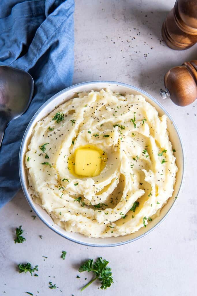 Overhead shot of mashed potatoes without milk. 