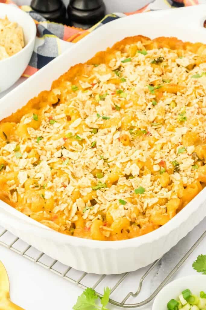 baked casserole dish with spicy cheesy macaroni and cheese