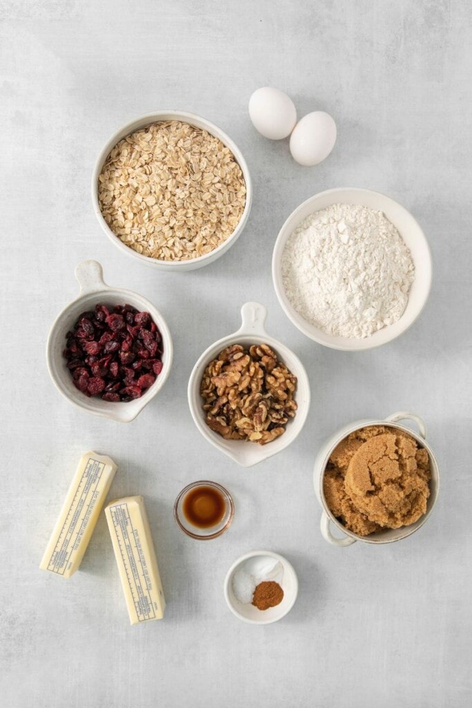 ingredients needed to make cranberry walnut cookies. 