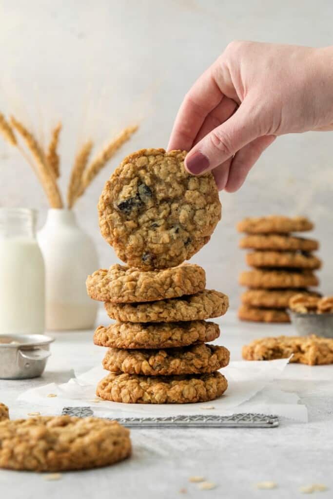 holding an oatmeal cranberry cookie over a stack of cookies. 