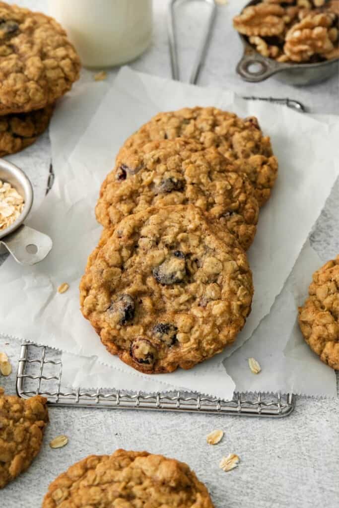 Overhead shot of oatmeal cranberries cookies. 