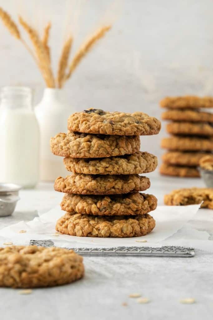 A shot of stacked cranberry oatmeal cookies.