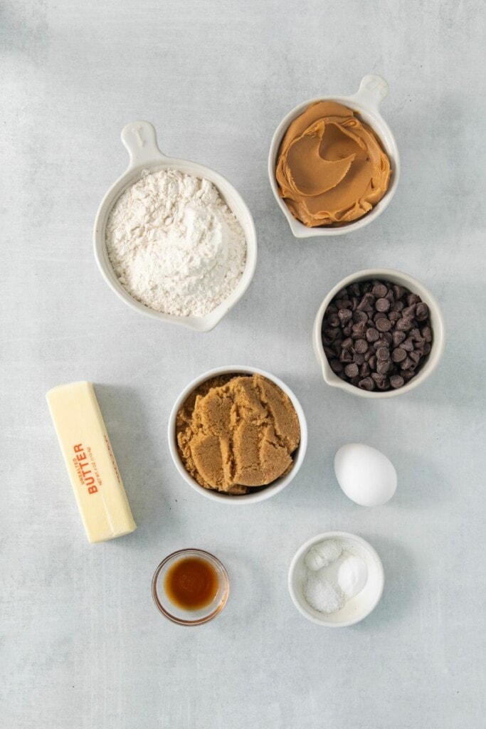 The Ingredients needed to prepare chocolate chip peanut butter cookies.