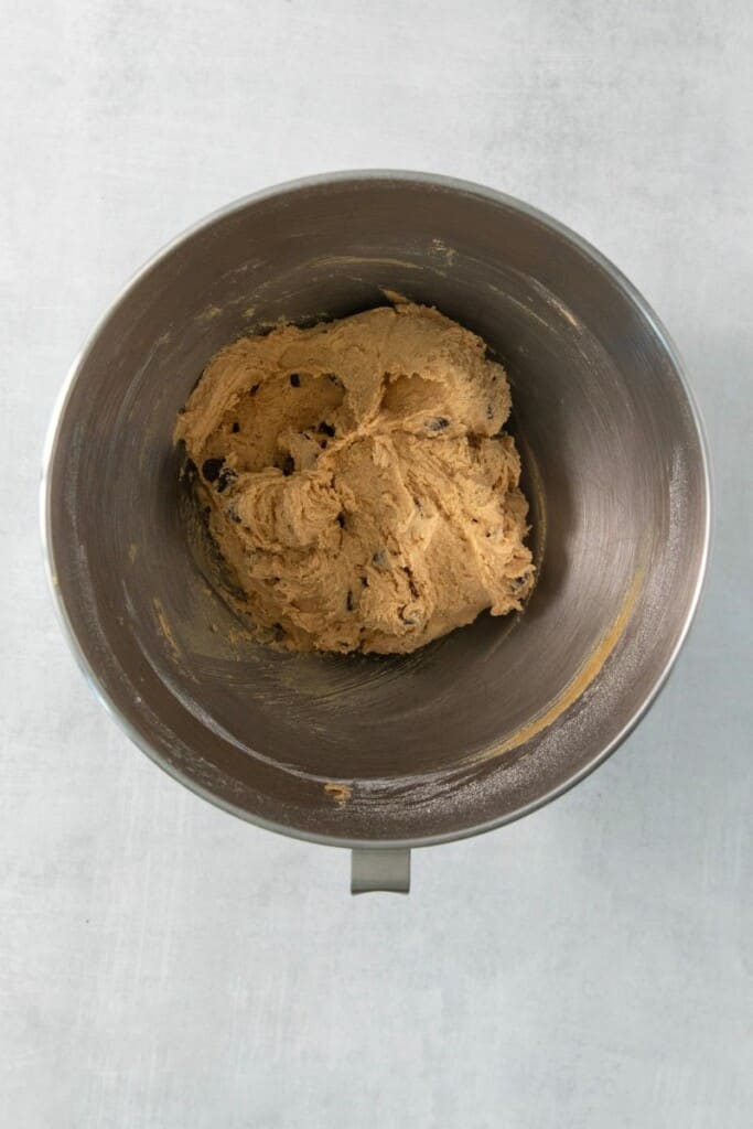 Chocolate chips folded into peanut butter cookie dough in a mixing bowl.