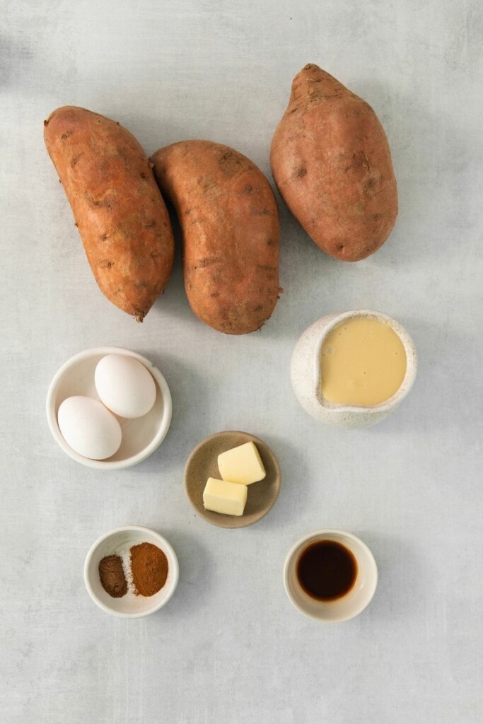 The ingredients needed to prepare the filling for a sweet potato pie.
