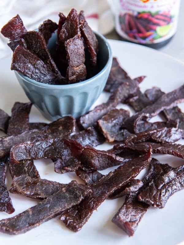 A plate holding beef jerky pieces and a small blue bowl holding additional pieces.