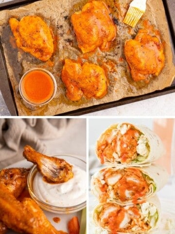 Buffalo chicken recipes collage: buffalo chicken thighs, buffalo wings, and buffalo chicken wrap