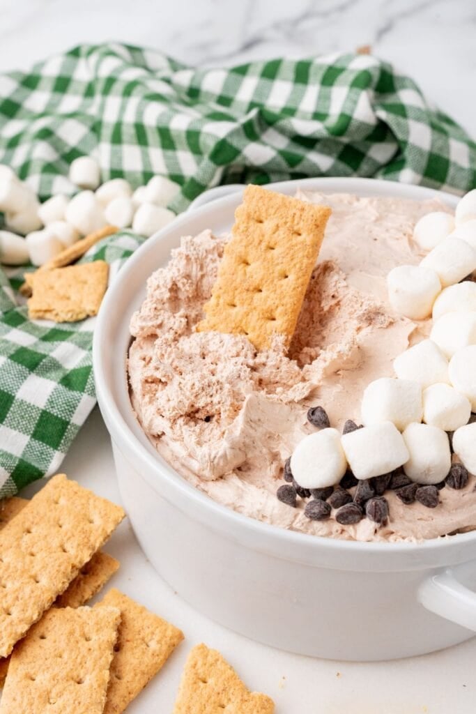 Hot chocolate dip with a graham cracker dipped inside so you can see the texture of the dip.