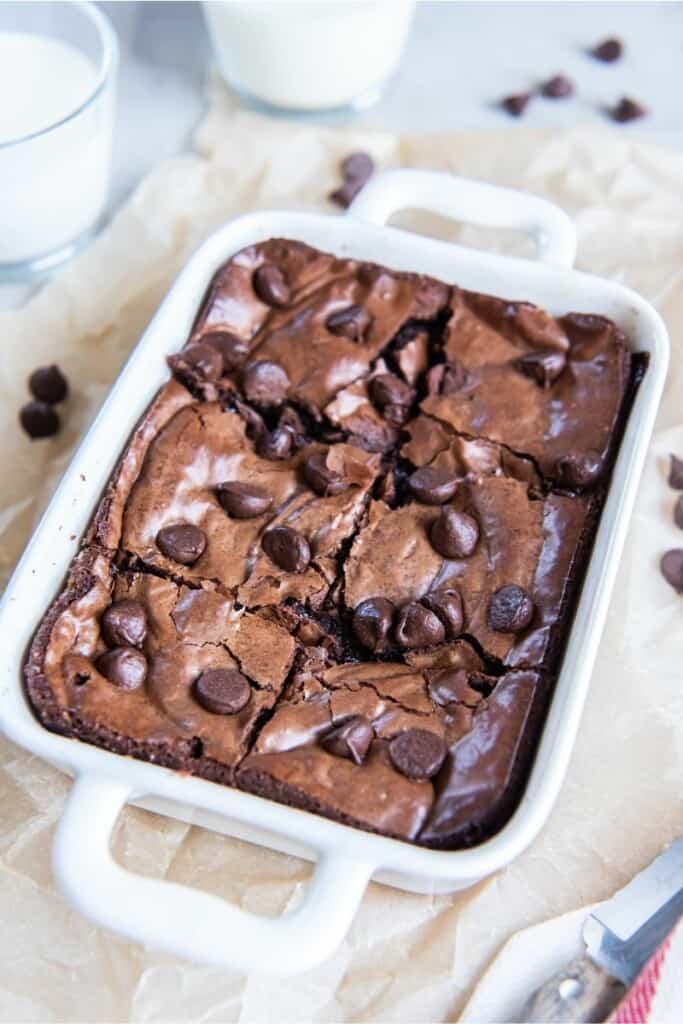 sliced chocolate brownies in a baking dish 