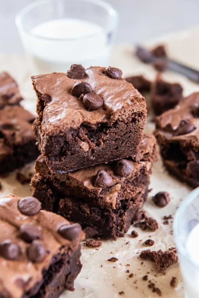 stacked air fried brownies with chocolate chips