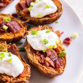 air fryer potato skins with cheese and bacon.