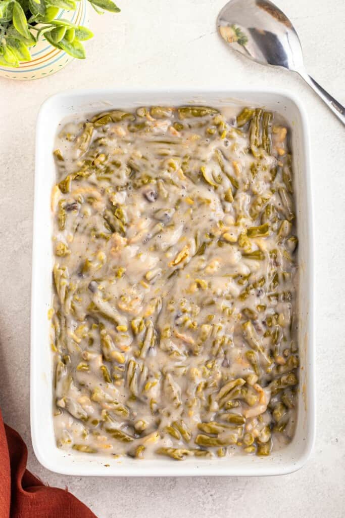 cream of mushroom with green beans in a casserole dish