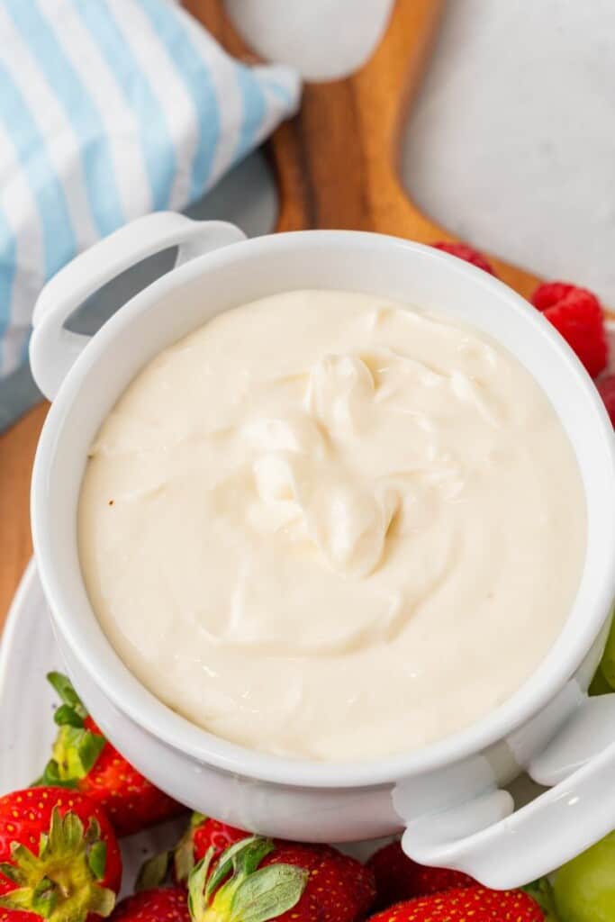 homemade fruit dip recipe in a bowl. 