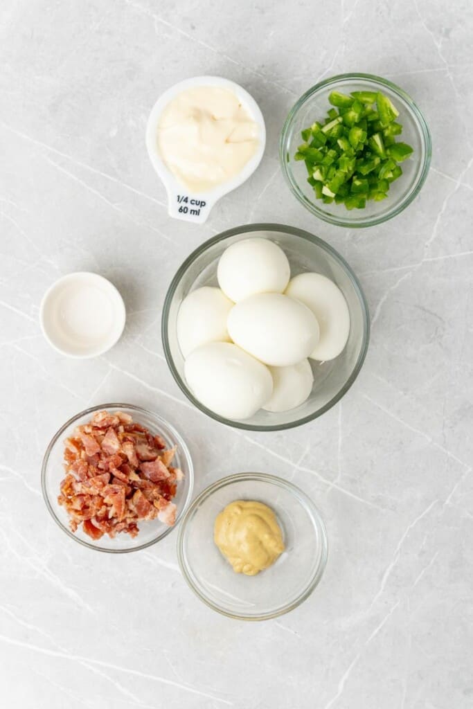 ingredients needed to make deviled eggs with jalapeno and bacon. 