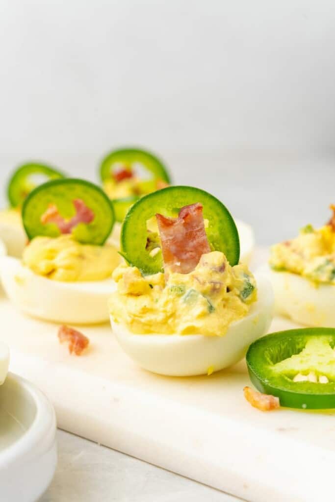 side view shot of jalapeno deviled egg. 