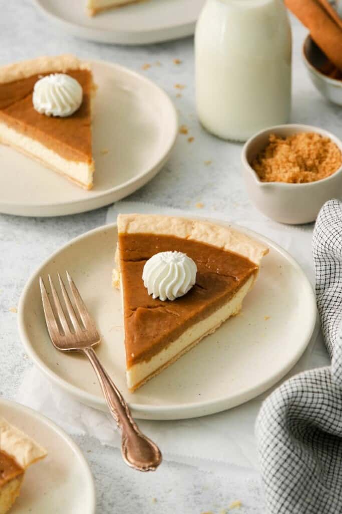 a slice of sweet potato made with canned yams on a plate with a fork. 