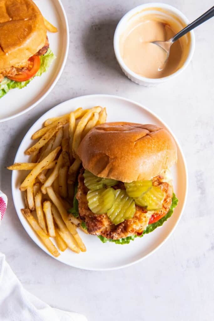 overhead shot of chicken sandwich in the air fryer