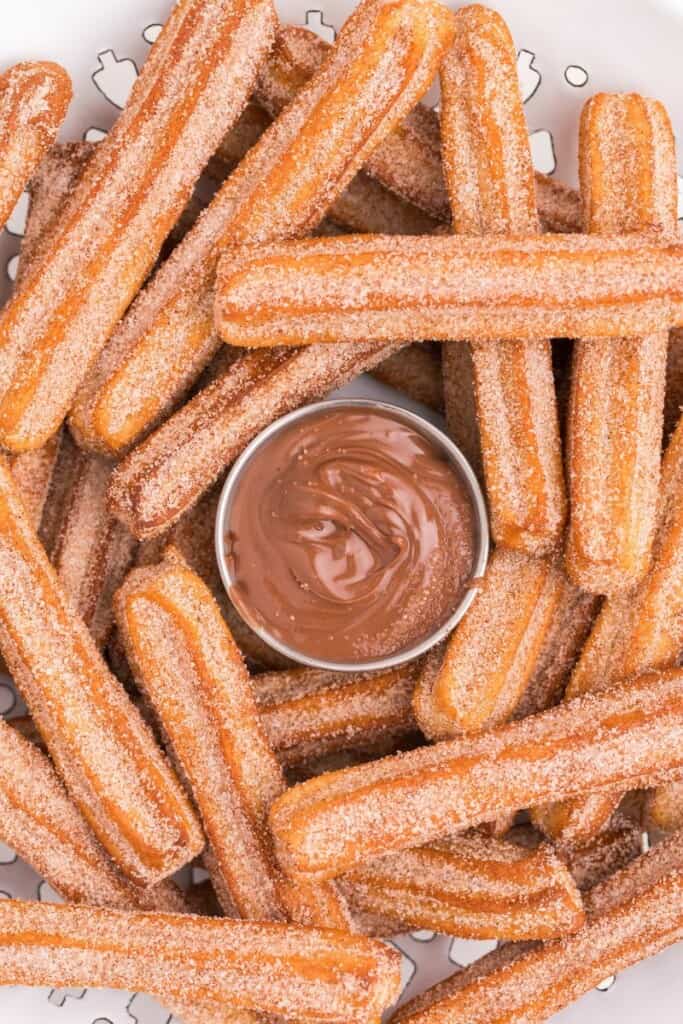 baked air fried churros with chocolate dipping sauce