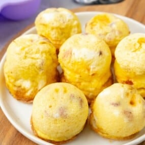 overhead shot of air fryer egg bites on a platter