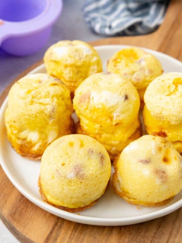 overhead shot of air fryer egg bites on a platter