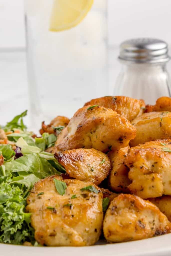 boneless chicken bites in the air fryer with dressed salad 