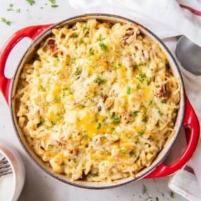 overhead shot of homemade dutch oven mac and cheese.