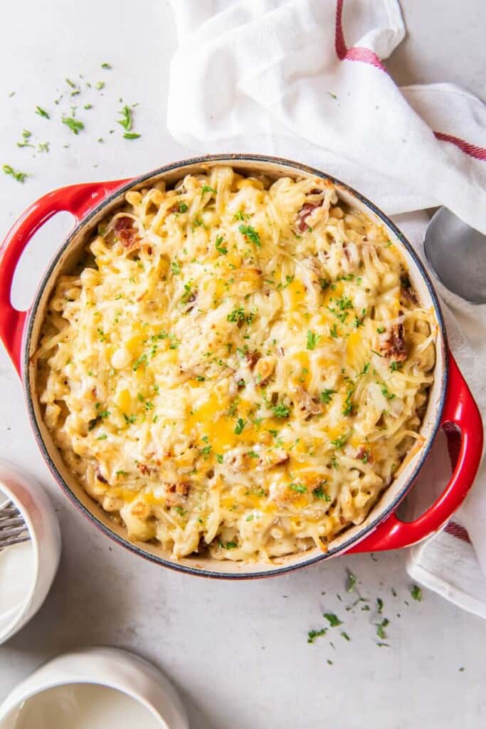 overhead shot of homemade dutch oven mac and cheese. 