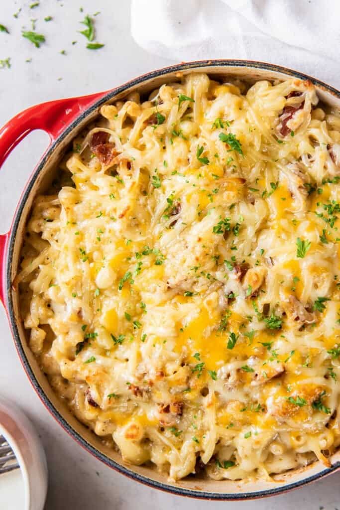 overhead side view of cheesy mac and cheese in a pot. 