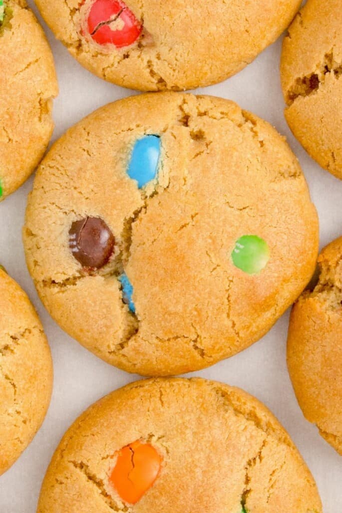 close up of peanut butter cookies with M&Ms