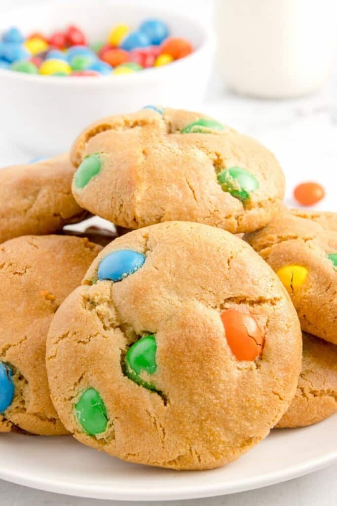 peanut butter m and m cookies on a white plate