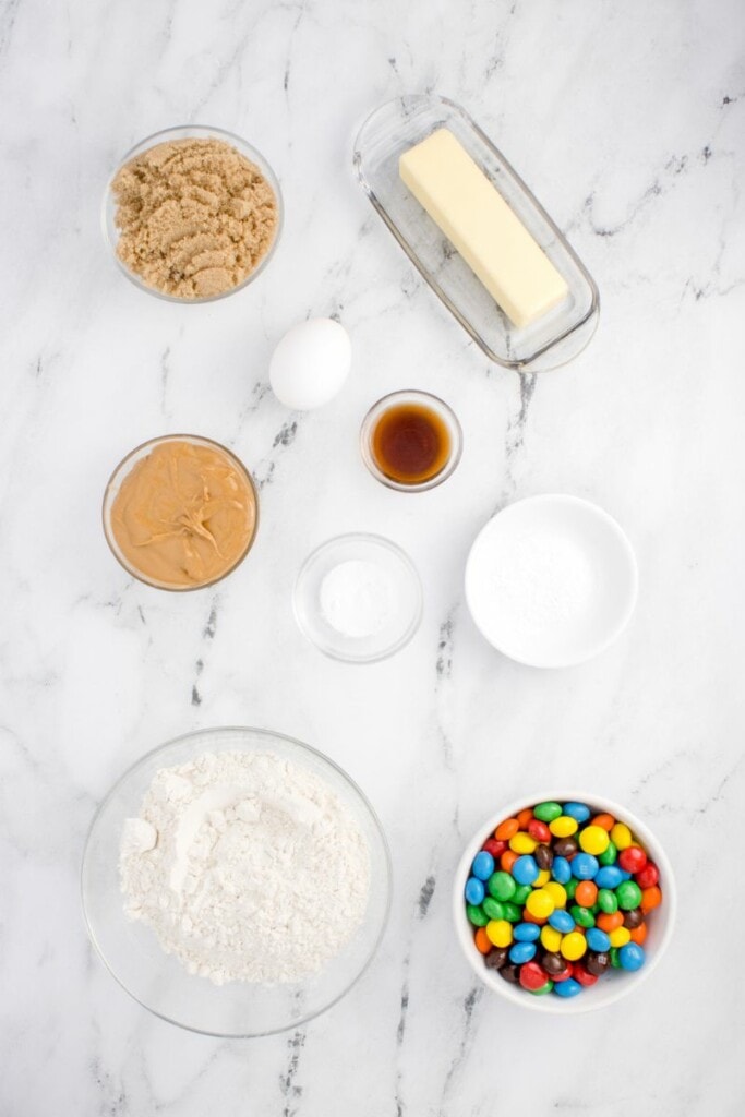 ingredients needed to make peanut butter M&M cookies