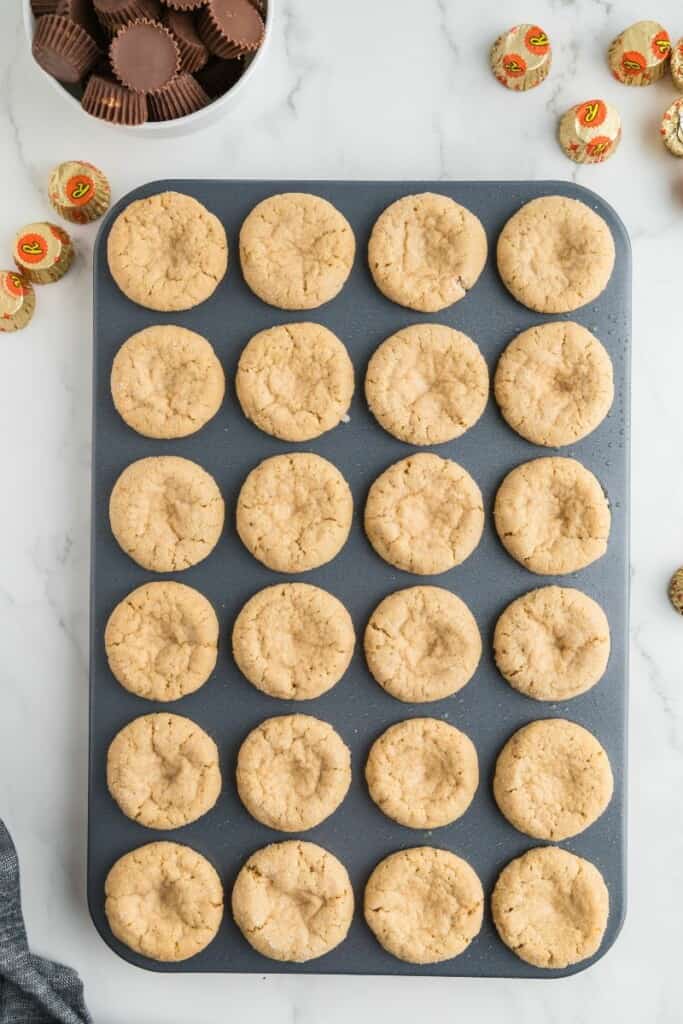 baked peanut butter cookies on a baking sheet