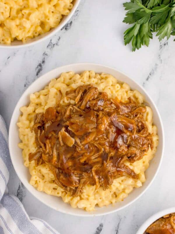 overhead shot of mac and cheese with pulled pork